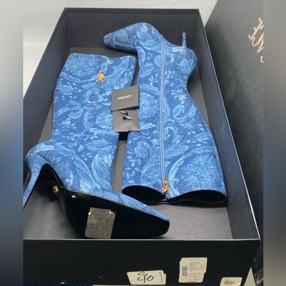 Versace T.110 110MM Floral Denim Pointed Boots size 38 - Picture 14 of 16